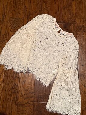 Altar'd State Ivory Crochet Lace Top with Blush Trim